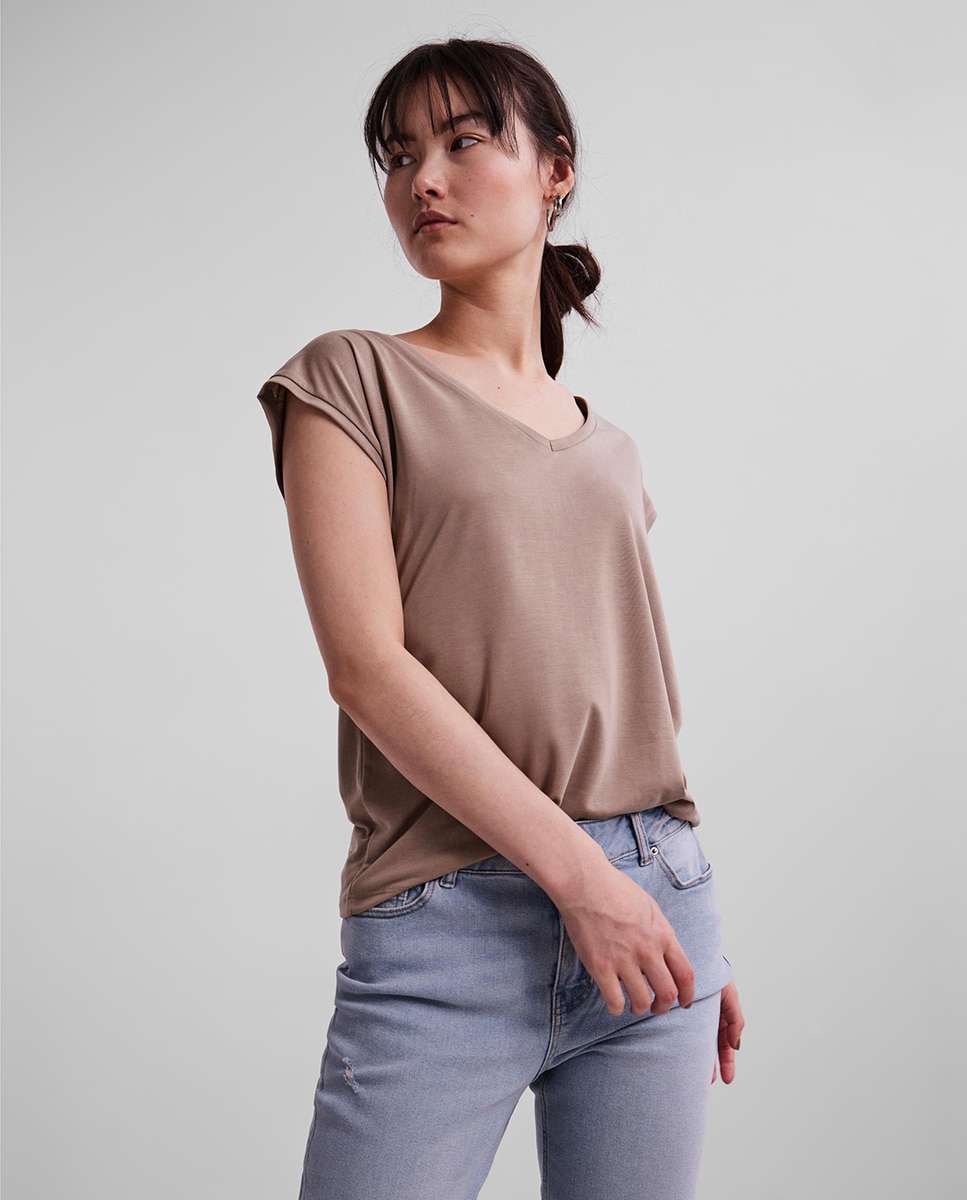 T-shirt básica de modal com manga curta Taupe-1