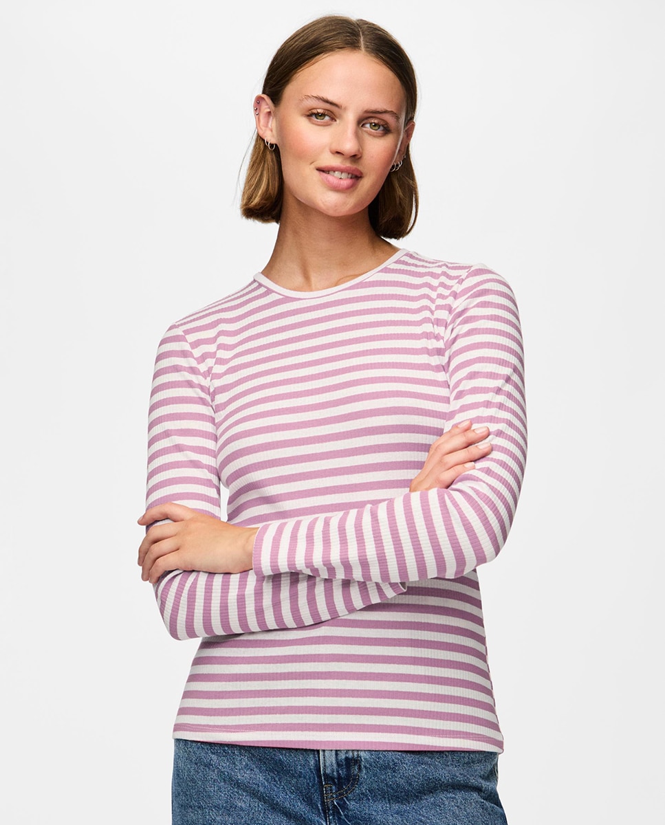 Pieces - Camiseta de mujer de manga larga y cuello redondo con tejido canalé.