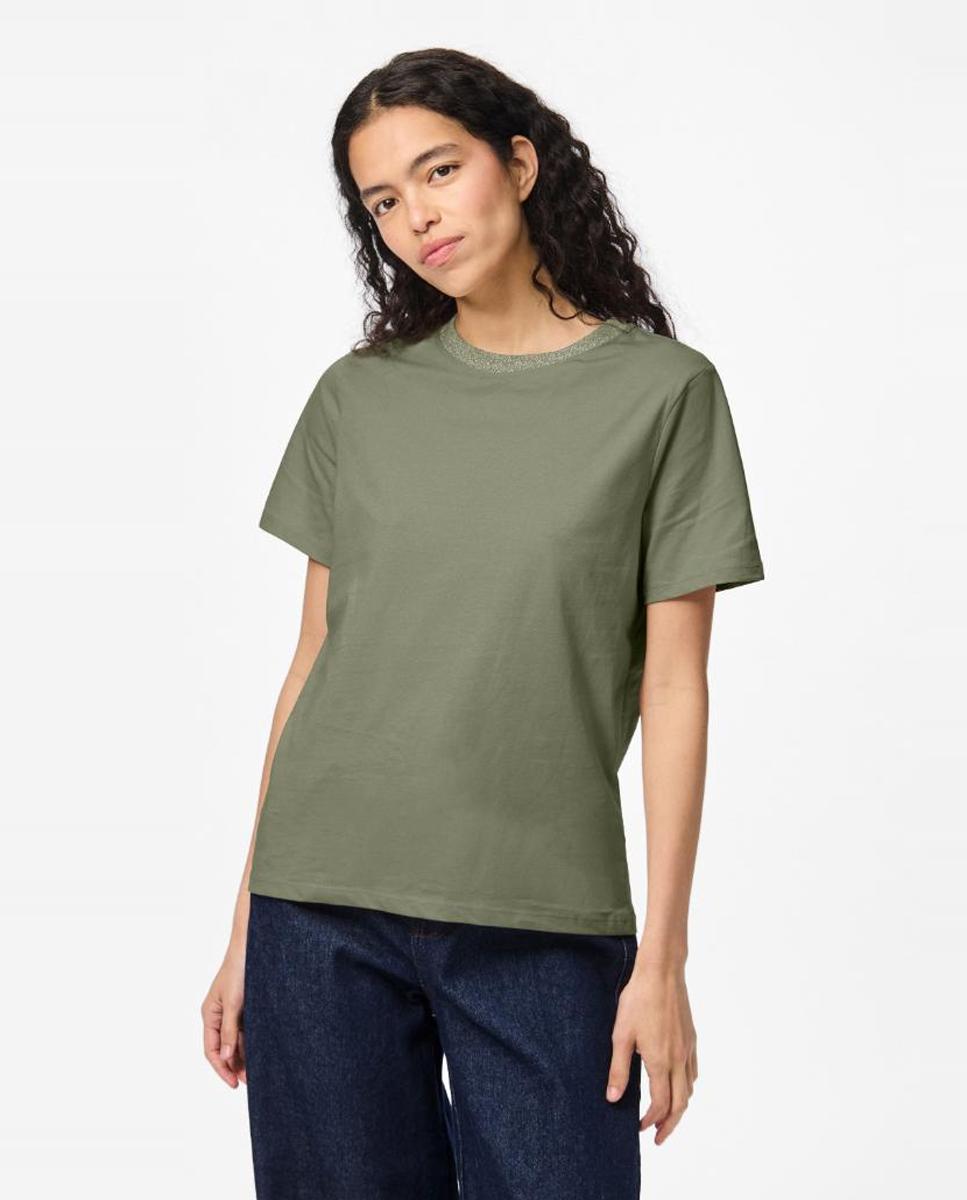 Pieces - Camiseta de manga corta y cuello redondo con detalle de lurex de mujer.