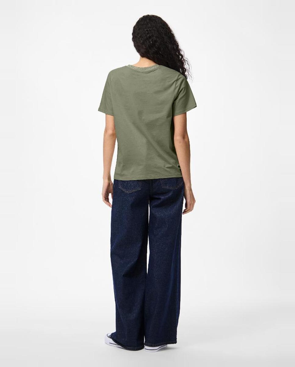 Camiseta de manga corta y cuello redondo con detalle de lurex de mujer - Pieces - Verde militar Verde militar-2