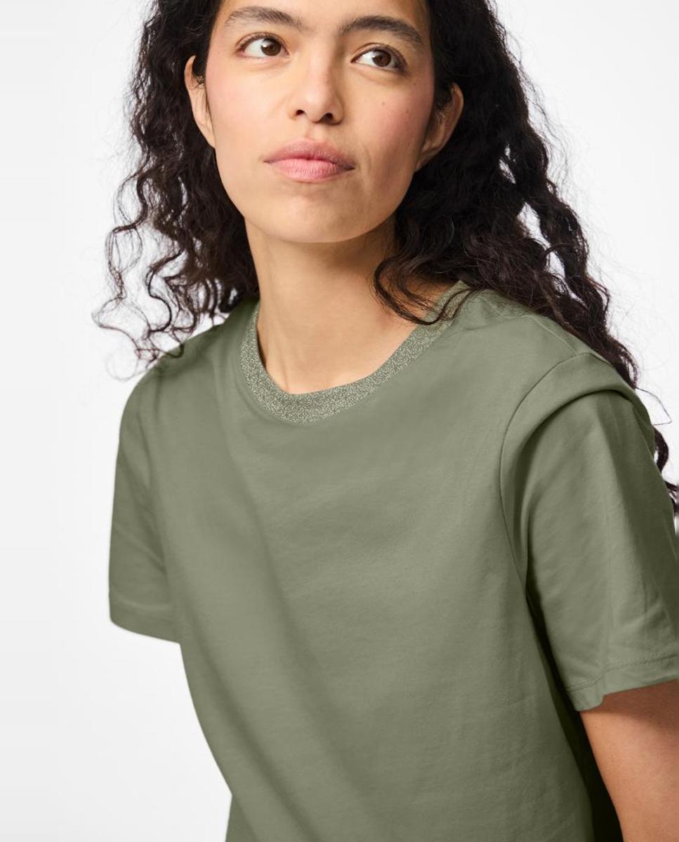 Camiseta de manga corta y cuello redondo con detalle de lurex de mujer - Pieces - Verde militar Verde militar-3