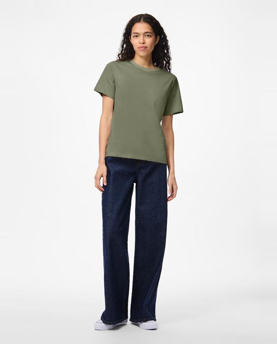 Camiseta de manga corta y cuello redondo con detalle de lurex de mujer - Pieces - Verde militar Verde militar-6