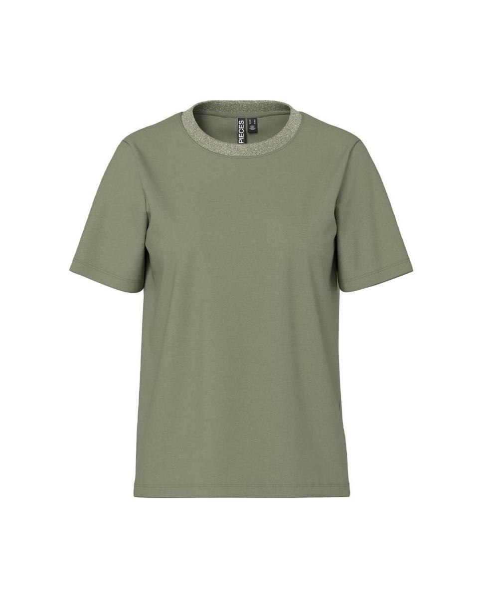 Camiseta de manga corta y cuello redondo con detalle de lurex de mujer - Pieces - Verde militar Verde militar-4
