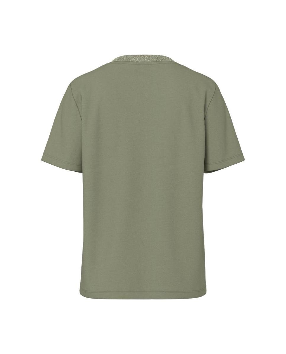 Camiseta de manga corta y cuello redondo con detalle de lurex de mujer - Pieces - Verde militar Verde militar-5