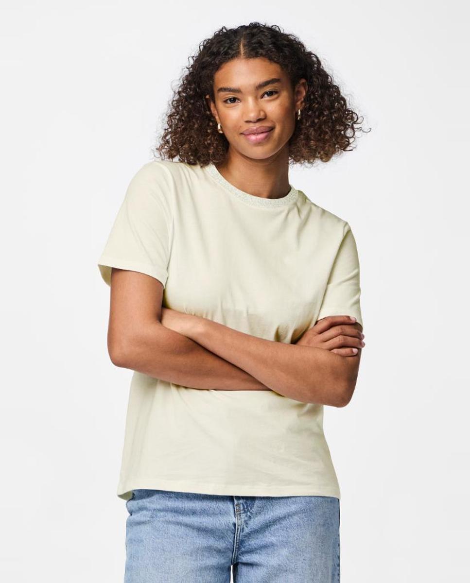 Camiseta de manga corta y cuello redondo con detalle de lurex de mujer - Pieces - Crudo Crudo-1