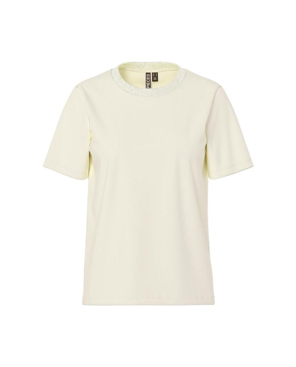 Camiseta de manga corta y cuello redondo con detalle de lurex de mujer - Pieces - Crudo Crudo-4