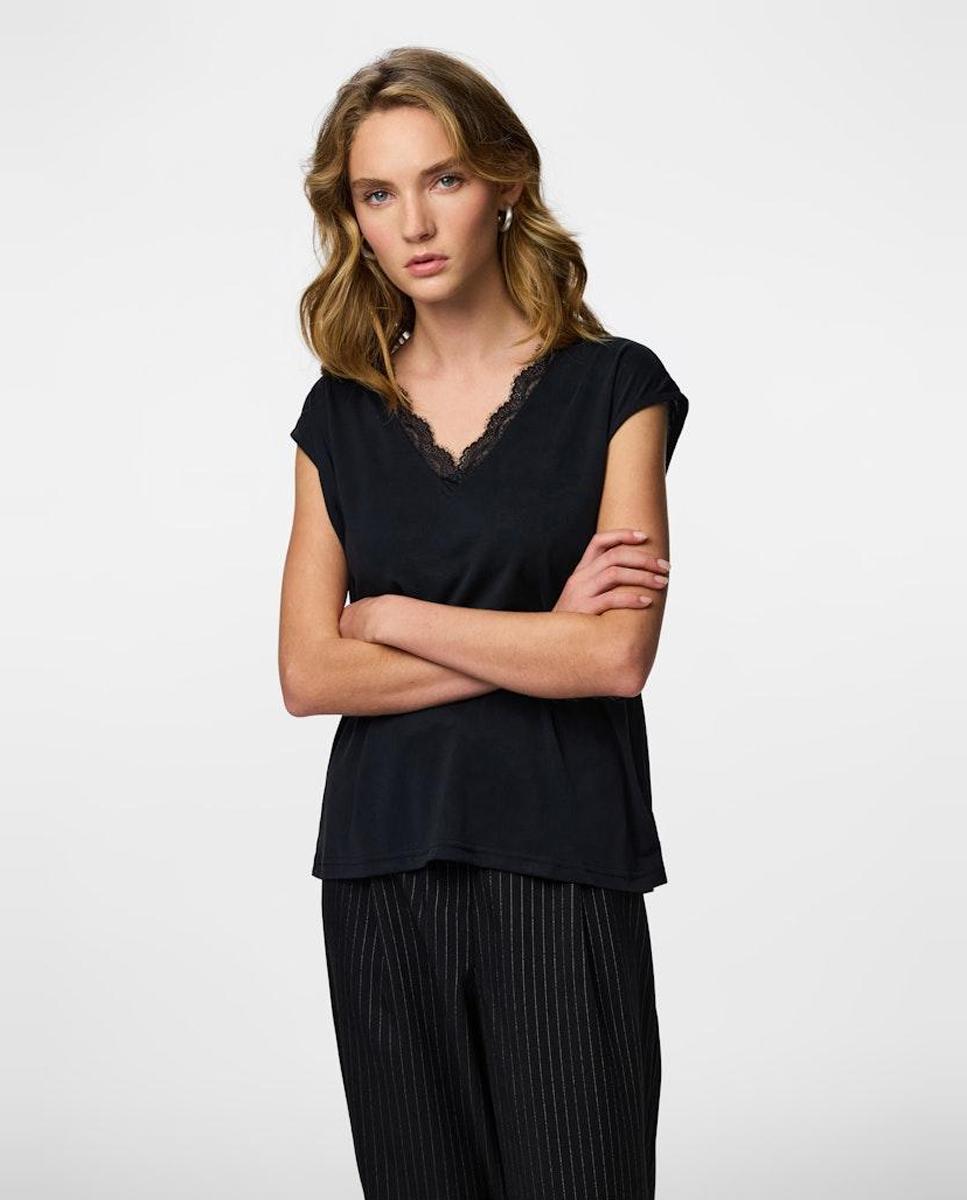 Pieces - Camiseta de pico y encaje de mujer.