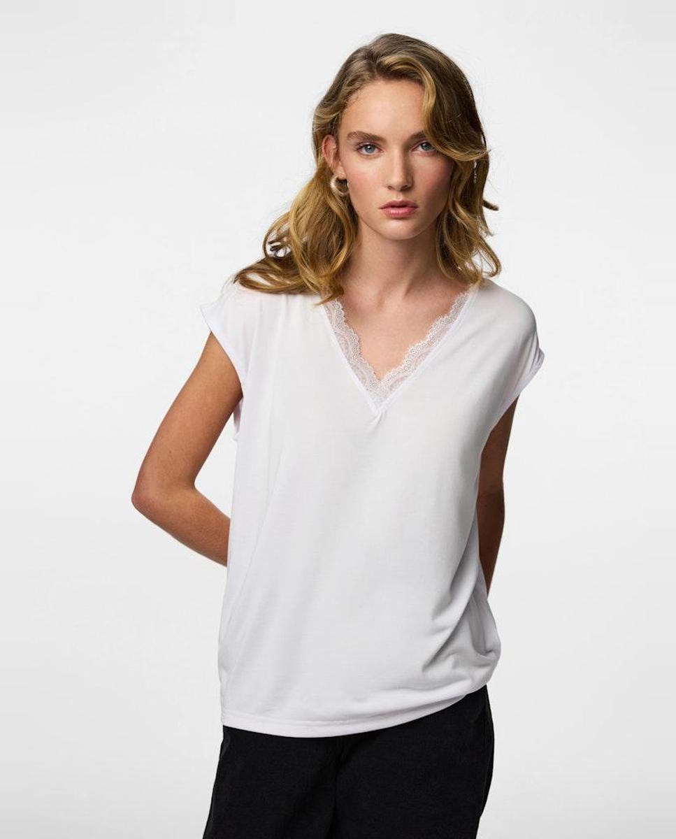 Camiseta de pico y encaje de mujer - Pieces - Blanco Blanco-1