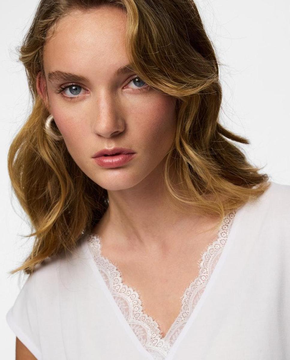 Camiseta de pico y encaje de mujer - Pieces - Blanco Blanco-5
