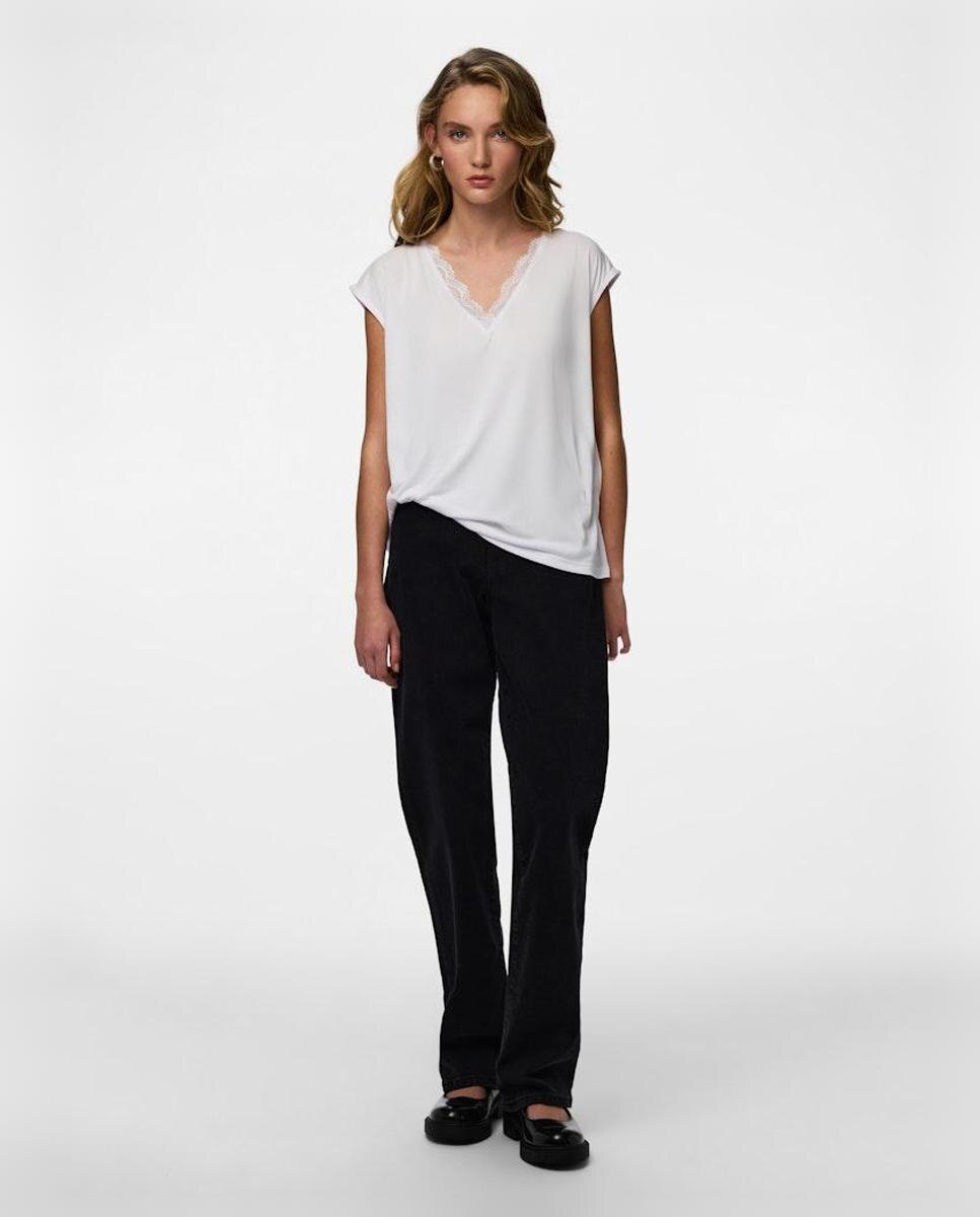 Camiseta de pico y encaje de mujer - Pieces - Blanco Blanco-8