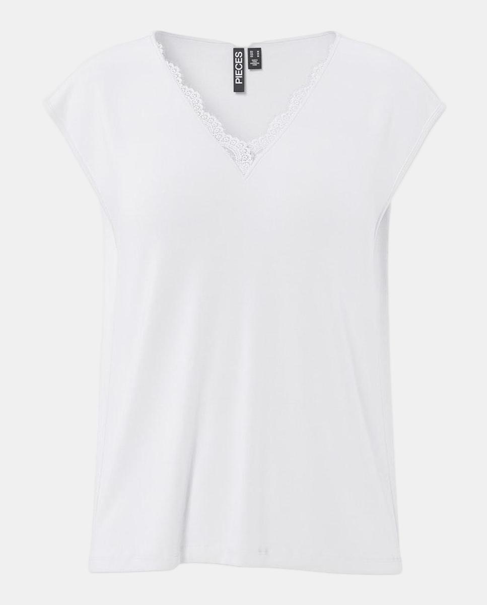Camiseta de pico y encaje de mujer - Pieces - Blanco Blanco-6