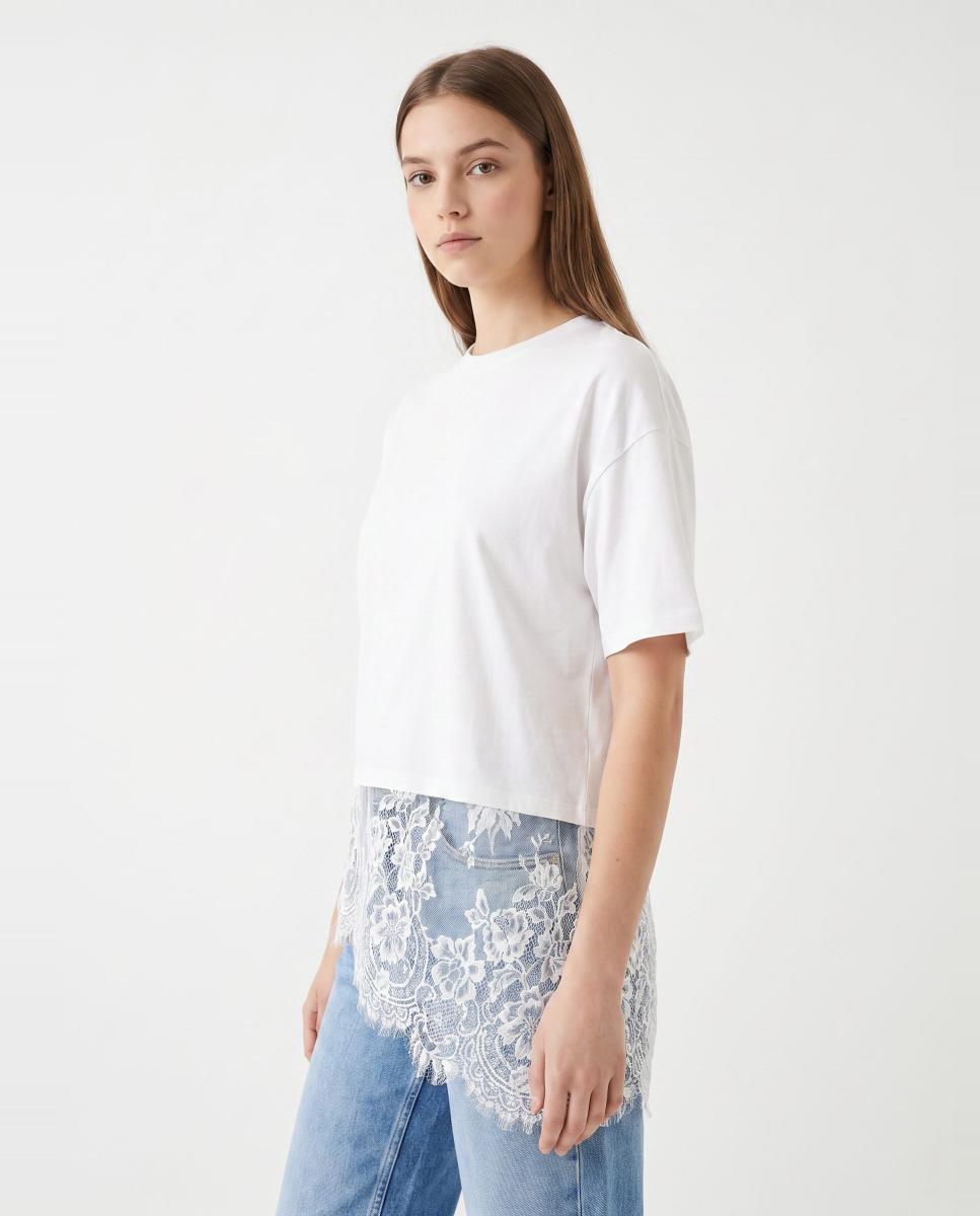 Pieces - Camiseta de encaje y manga corta de mujer.