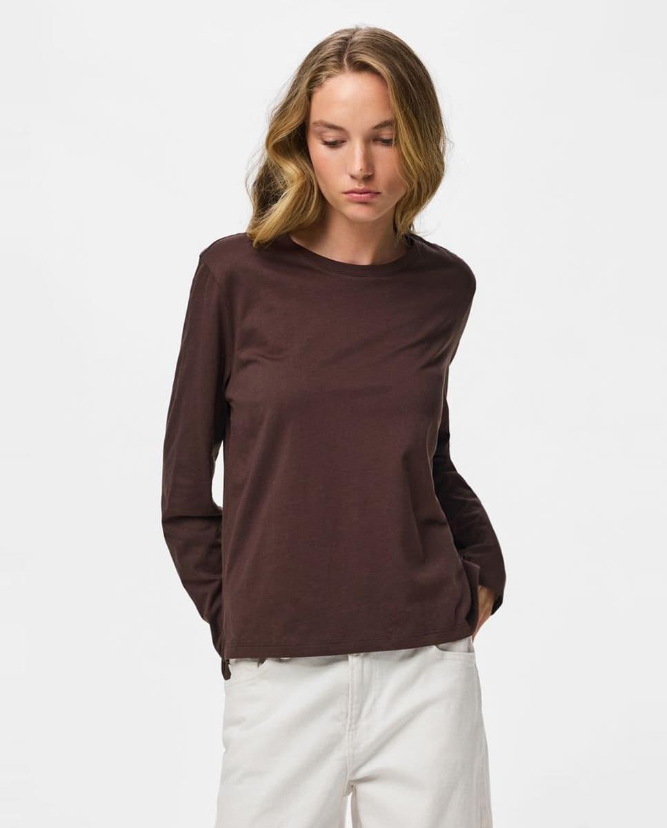 Camiseta de mujer de manga larga con cuello redondo - Pieces - Marrón oscuro Marrón oscuro-1