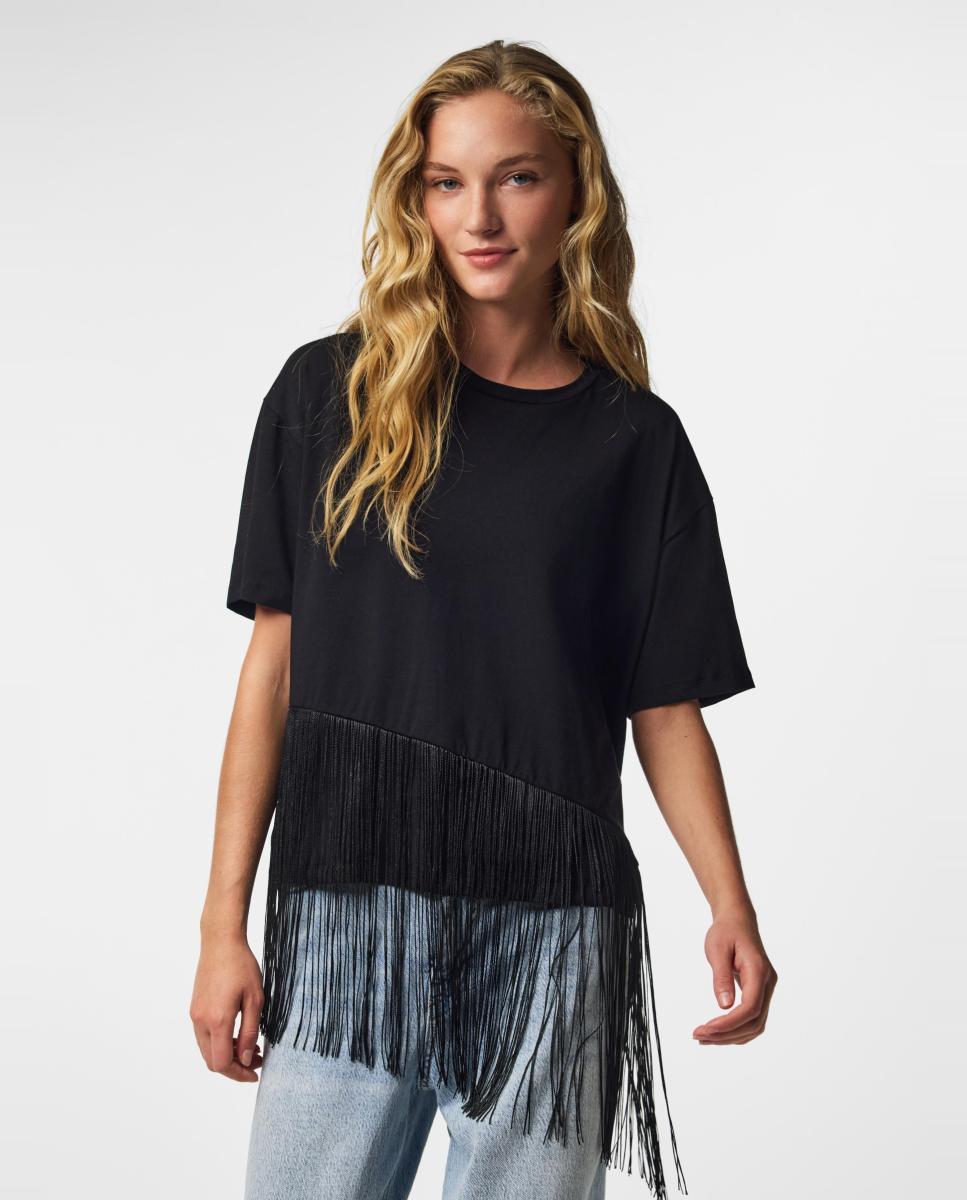 Imagen 1 de Camiseta de mujer de manga corta y flecos - Pieces - Negro Negro