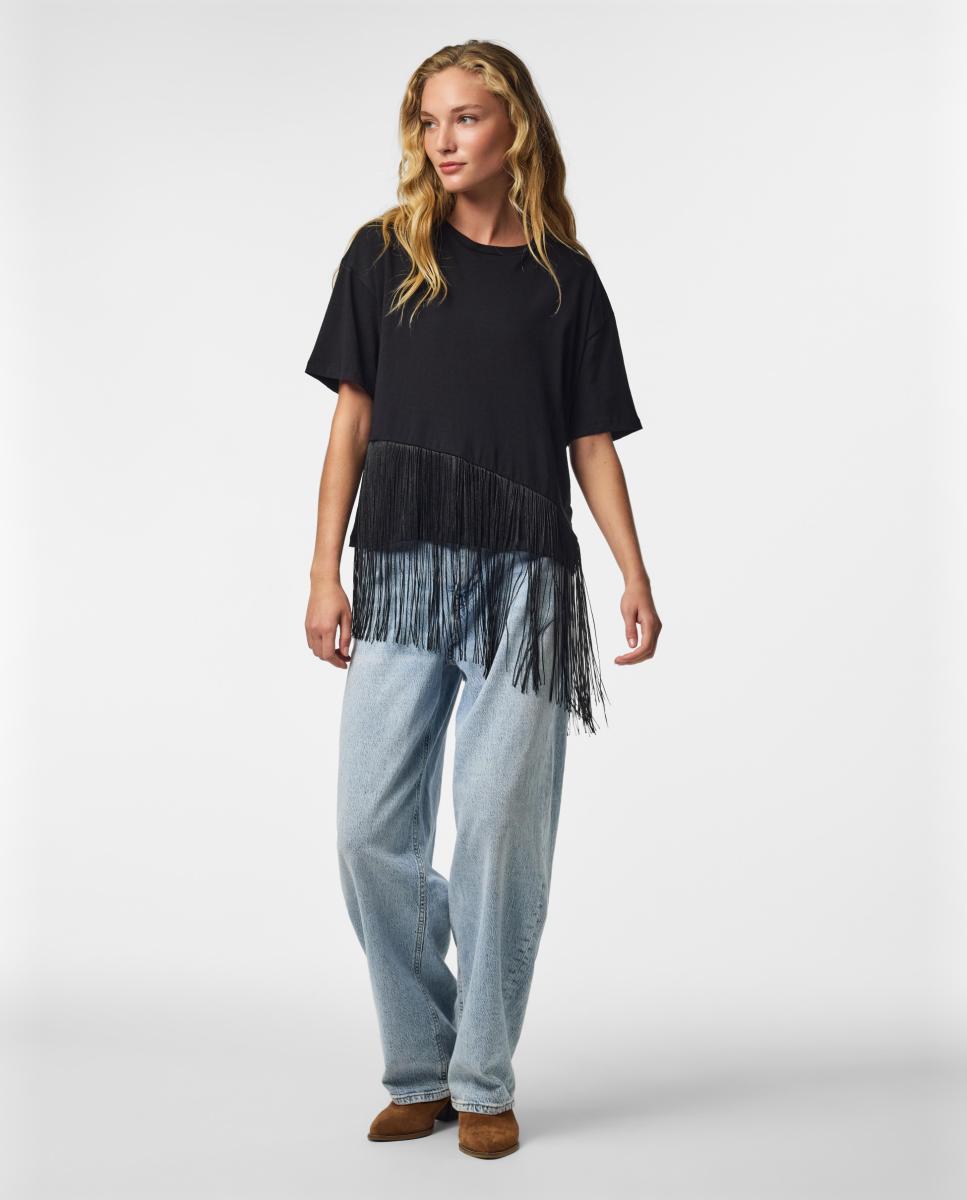 Imagen 6 de Camiseta de mujer de manga corta y flecos - Pieces - Negro Negro
