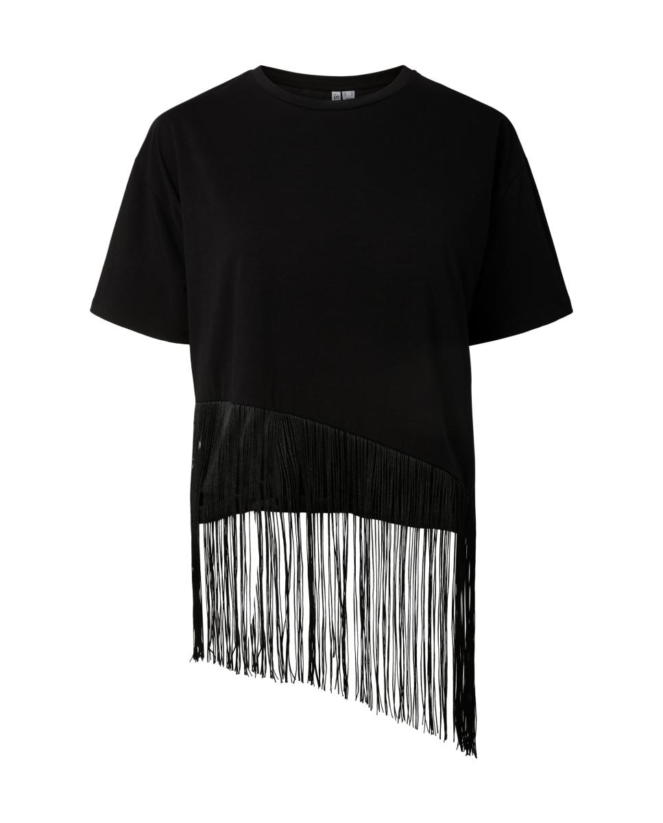 Imagen 4 de Camiseta de mujer de manga corta y flecos - Pieces - Negro Negro