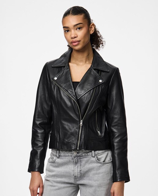 Imagem 0 de Blusão Tipo Biker de Couro com Fecho de Correr