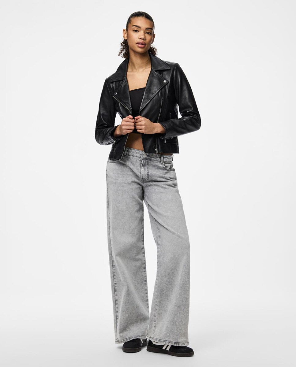 Blusão Tipo Biker de Couro com Fecho de Correr Preto-2