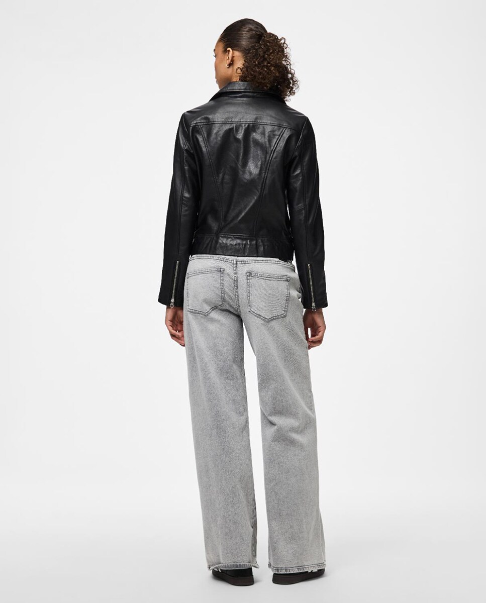 Blusão Tipo Biker de Couro com Fecho de Correr Preto-4