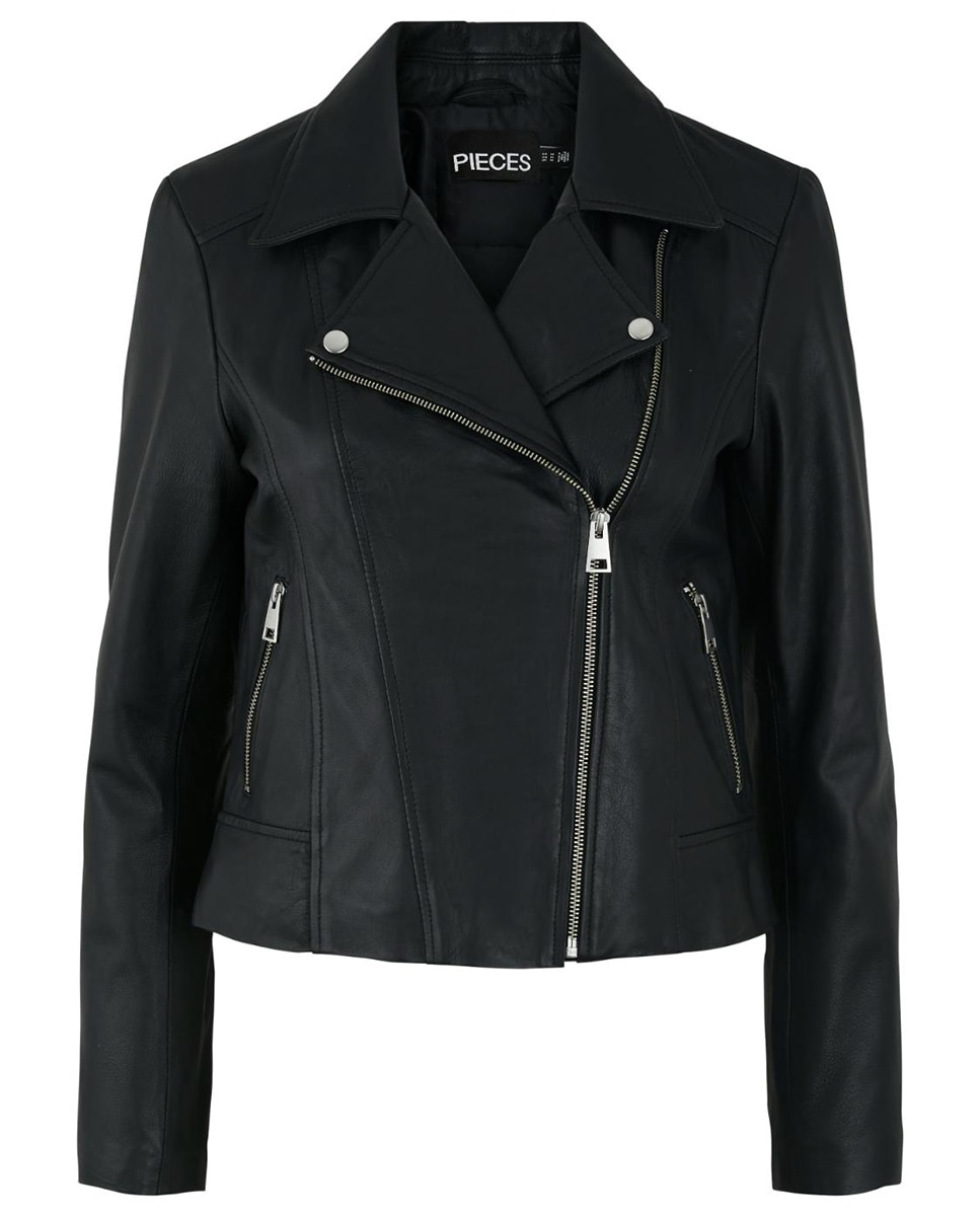 Blusão Tipo Biker de Couro com Fecho de Correr Preto-6