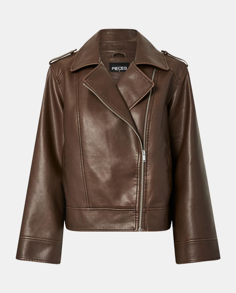 Blusão Biker com Efeito de Pele Castanho-escuro-6