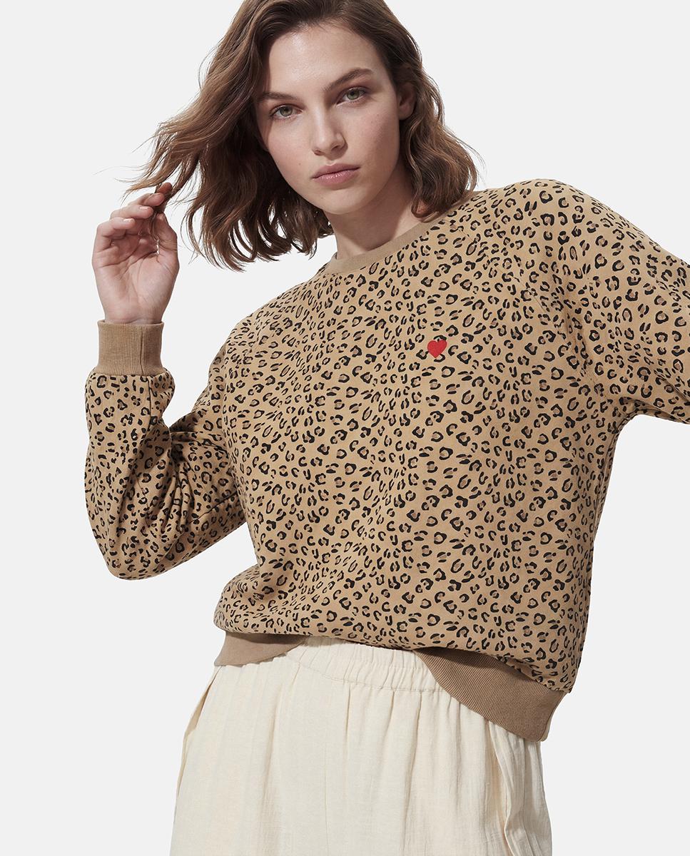 Sweatshirt Estampada às Riscas Castanho-claro-1