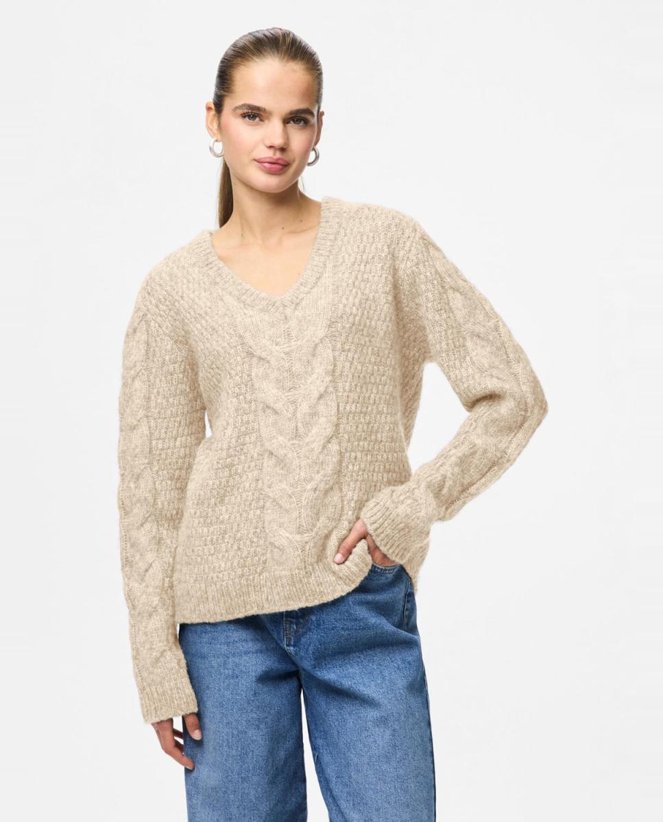 Camisola de Malha com Decote em Bico e Tranças Bege-1