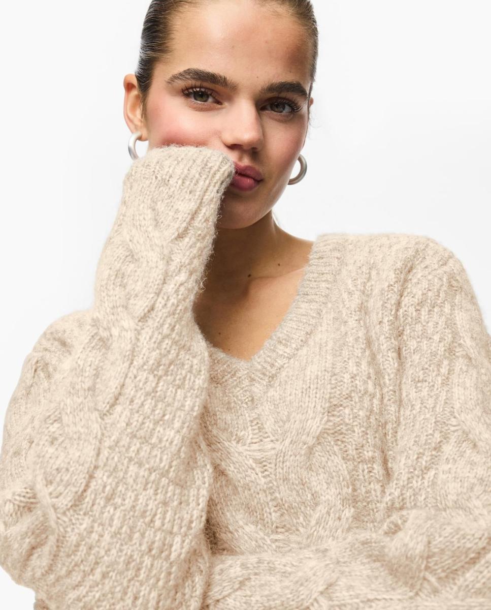 Camisola de Malha com Decote em Bico e Tranças Bege-2