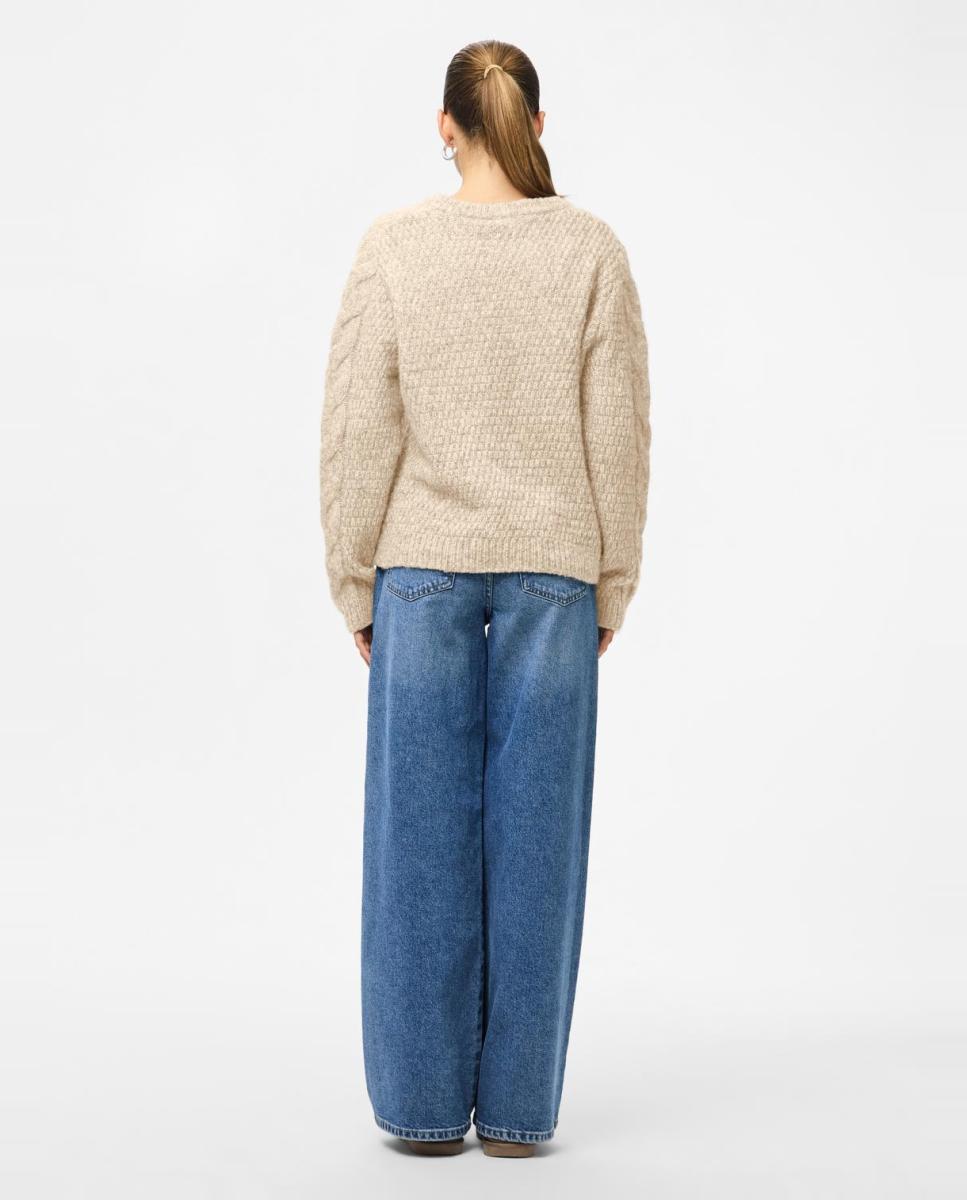Camisola de Malha com Decote em Bico e Tranças Bege-3