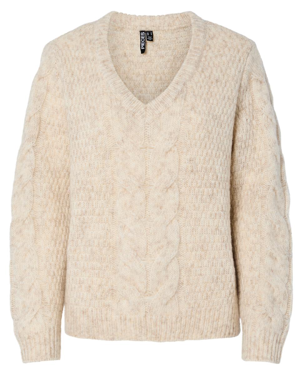 Camisola de Malha com Decote em Bico e Tranças Bege-4