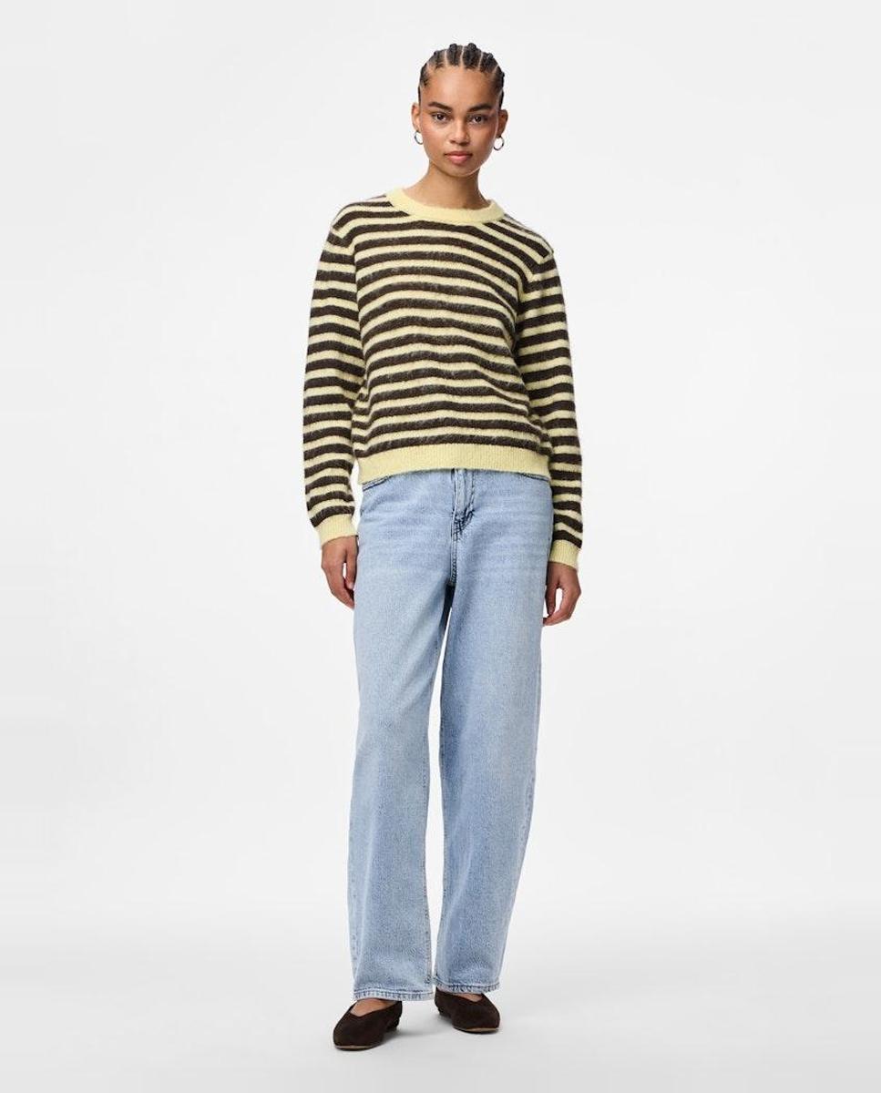 Camisola de Malha de Decote Redondo e às Riscas Amarelo-3