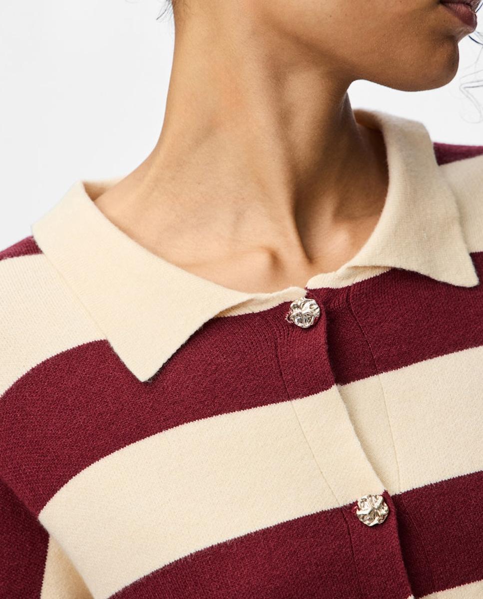 Cardigan às Riscas com Gola de Lapela Bordeaux-3