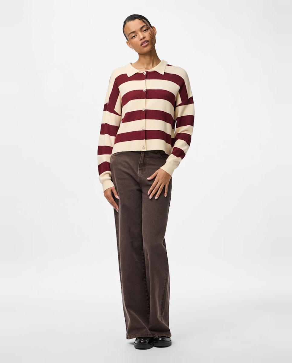 Cardigan às Riscas com Gola de Lapela Bordeaux-6