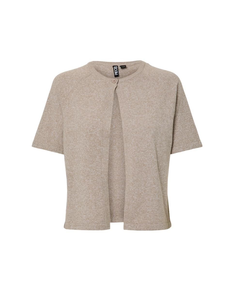 Cardigan de Manga Curta e Malha com Decote Redondo e Fecho de Botão Bege-4