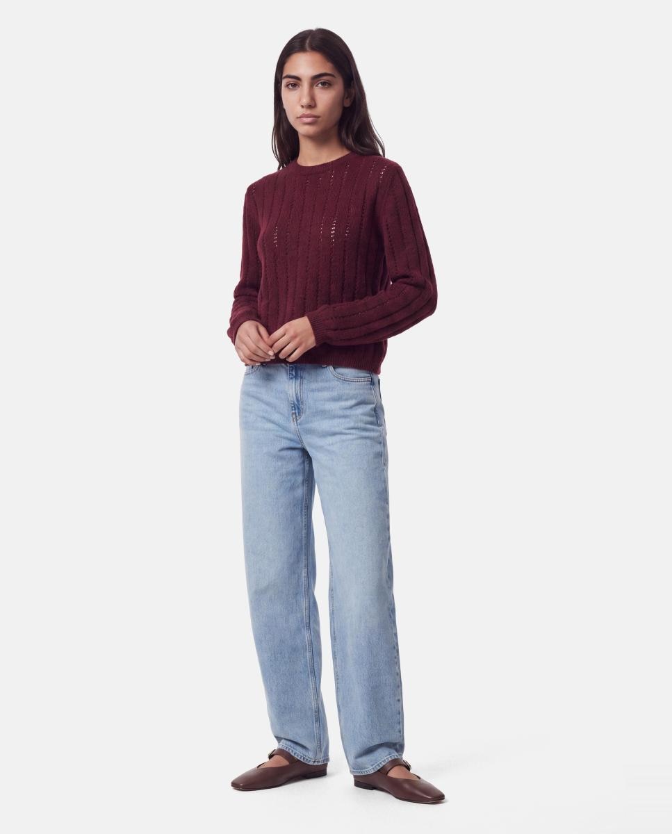 Camisola de malha de mulher com decote redondo e manga comprida Grená-6