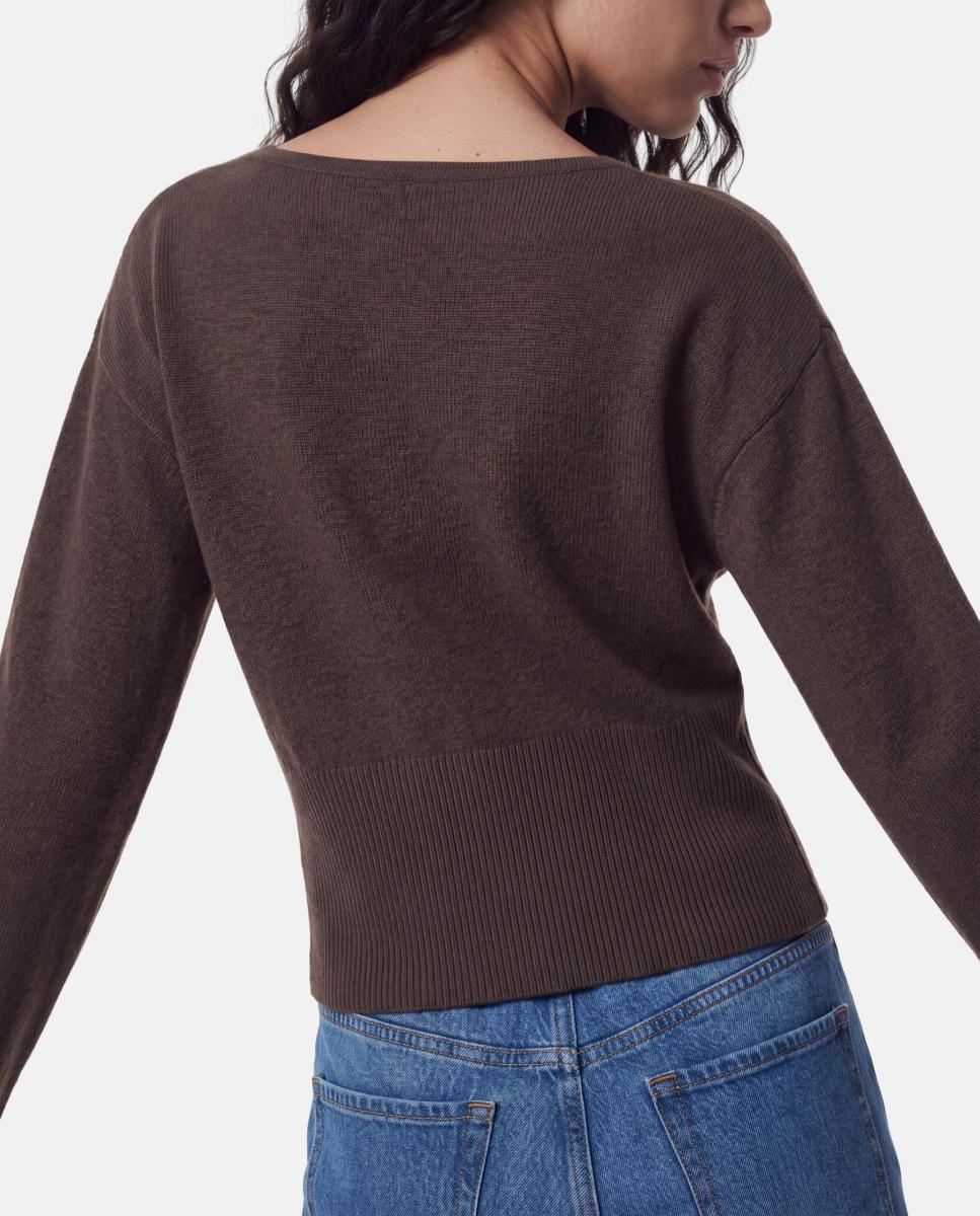 Cardigan com Decote em Bico Castanho-escuro-2