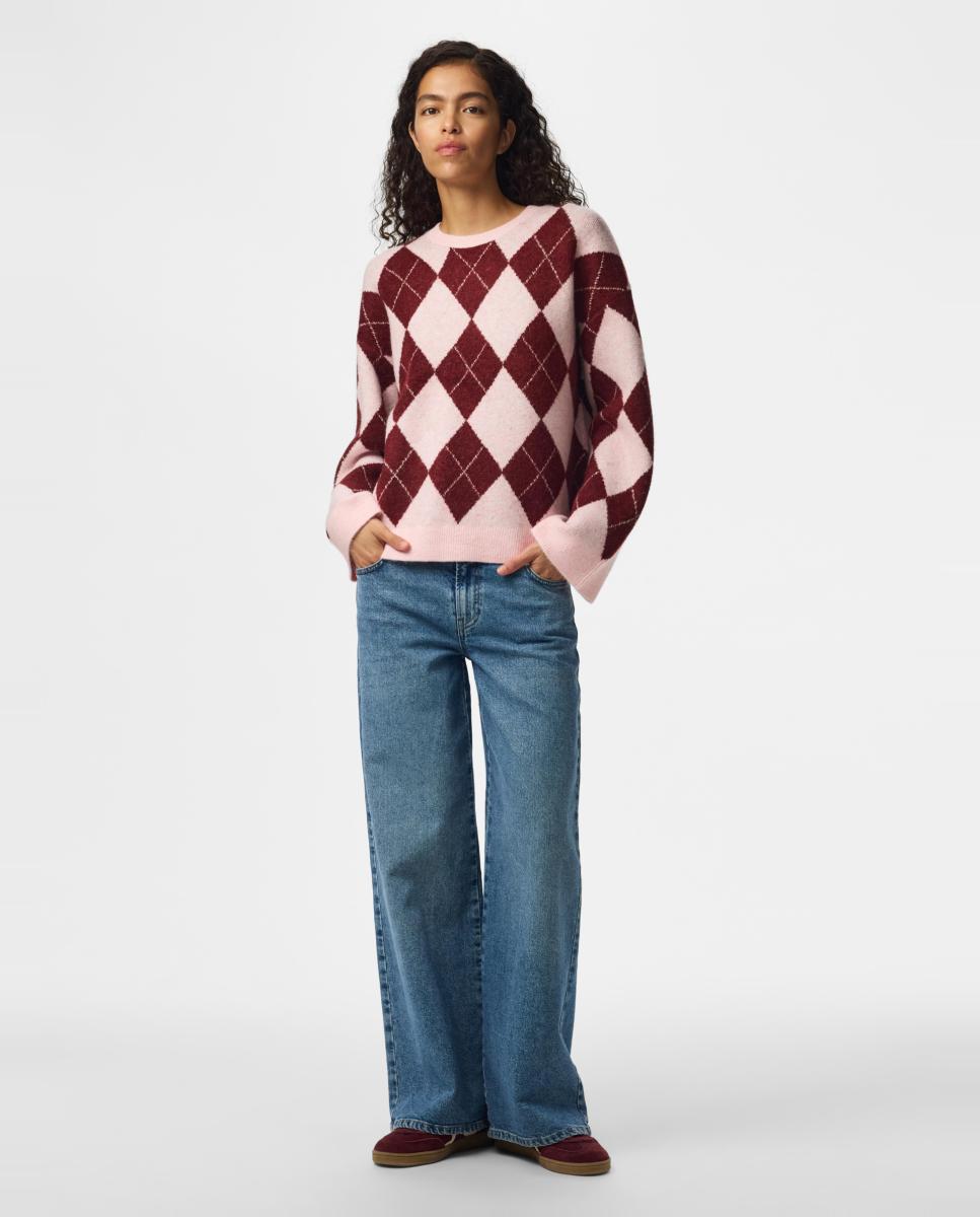 Camisola de malha de mulher com decote redondo e manga comprida Rosa-3