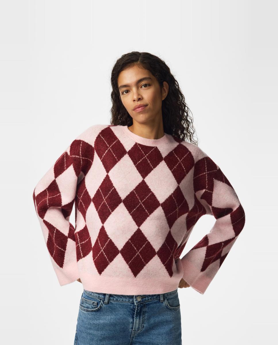 Camisola de malha de mulher com decote redondo e manga comprida Rosa-4