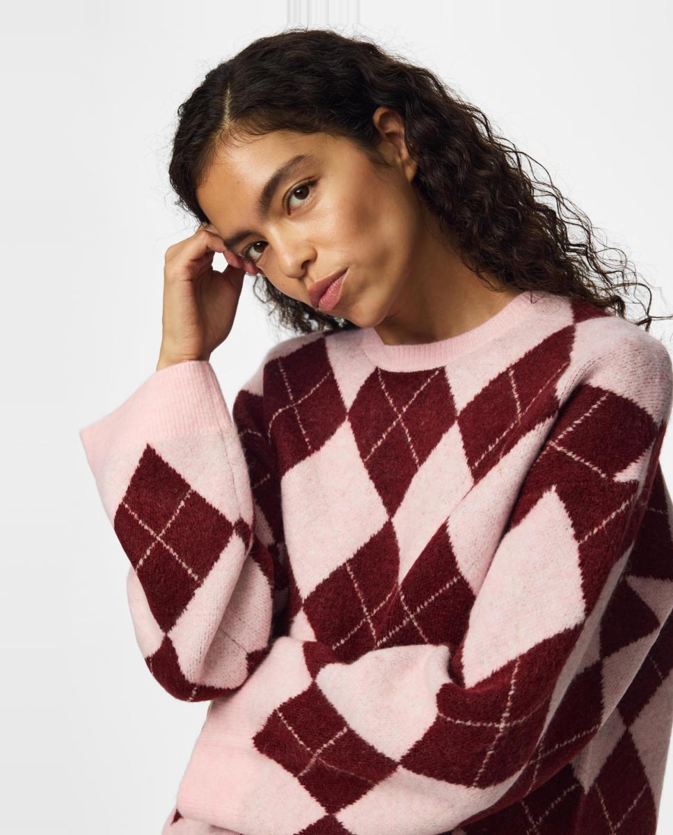 Camisola de malha de mulher com decote redondo e manga comprida Rosa-6