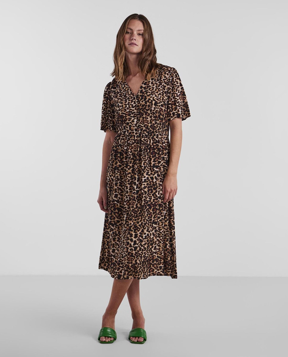 Vestido Midi Estampado com Manga 2/4 Castanho-escuro-1