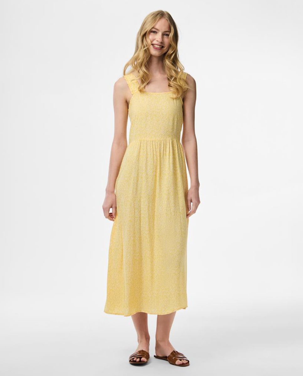 Vestido Midi de Alças Largas com Estampado Floral Amarelo-1