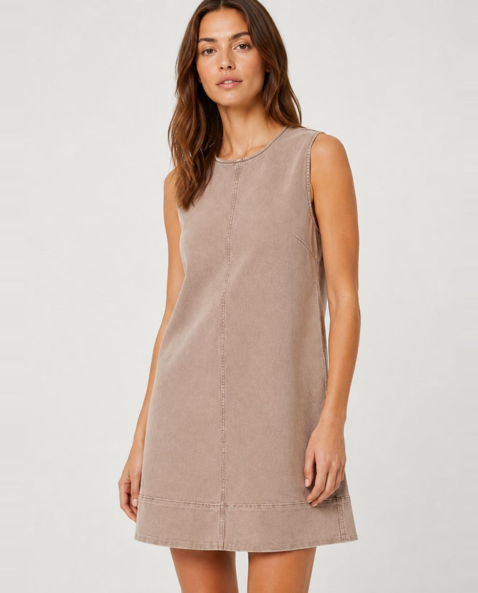Vestido Curto de Ganga sem Mangas - Castanho Castanho-claro-3