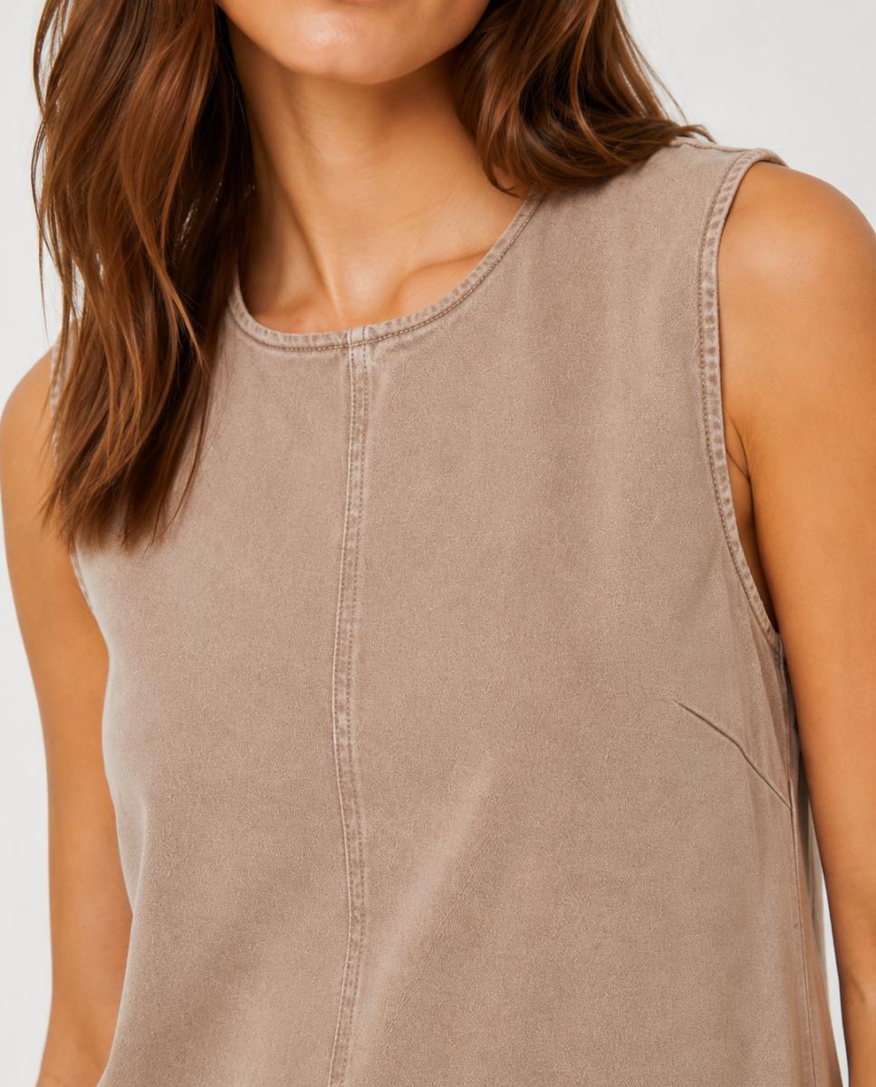 Vestido Curto de Ganga sem Mangas - Castanho Castanho-claro-4