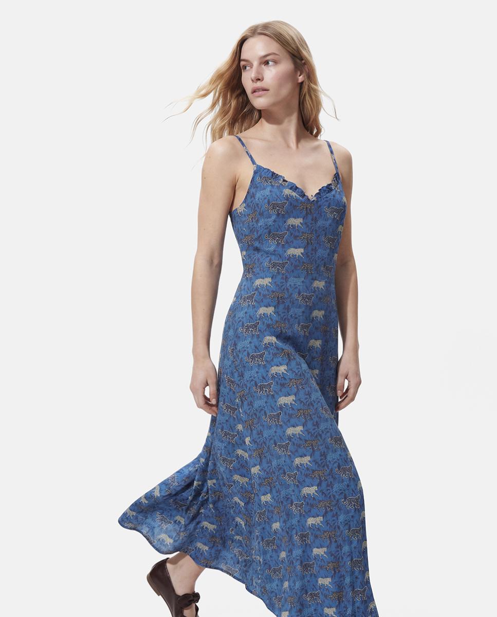 Vestido Comprido de Alças com Decote em Bico Azul-índigo-2
