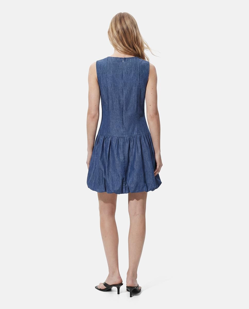 Vestido de Ganga com Saia Franzida Azul-3