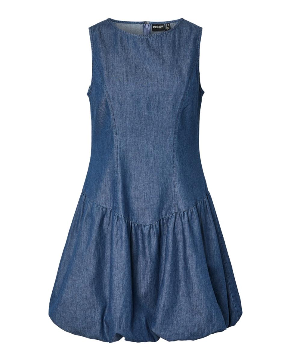 Vestido de Ganga com Saia Franzida Azul-5