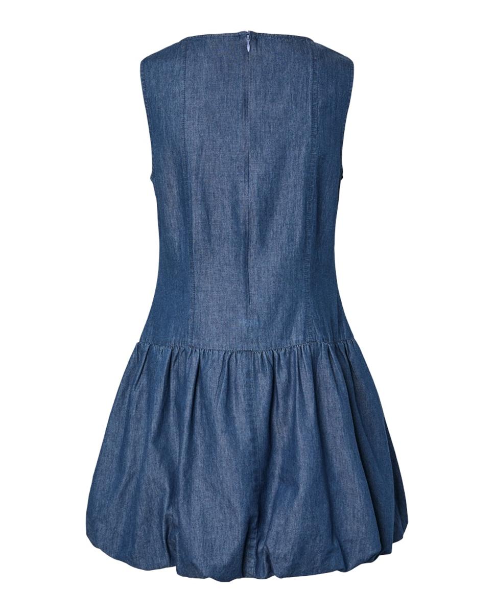 Vestido de Ganga com Saia Franzida Azul-6