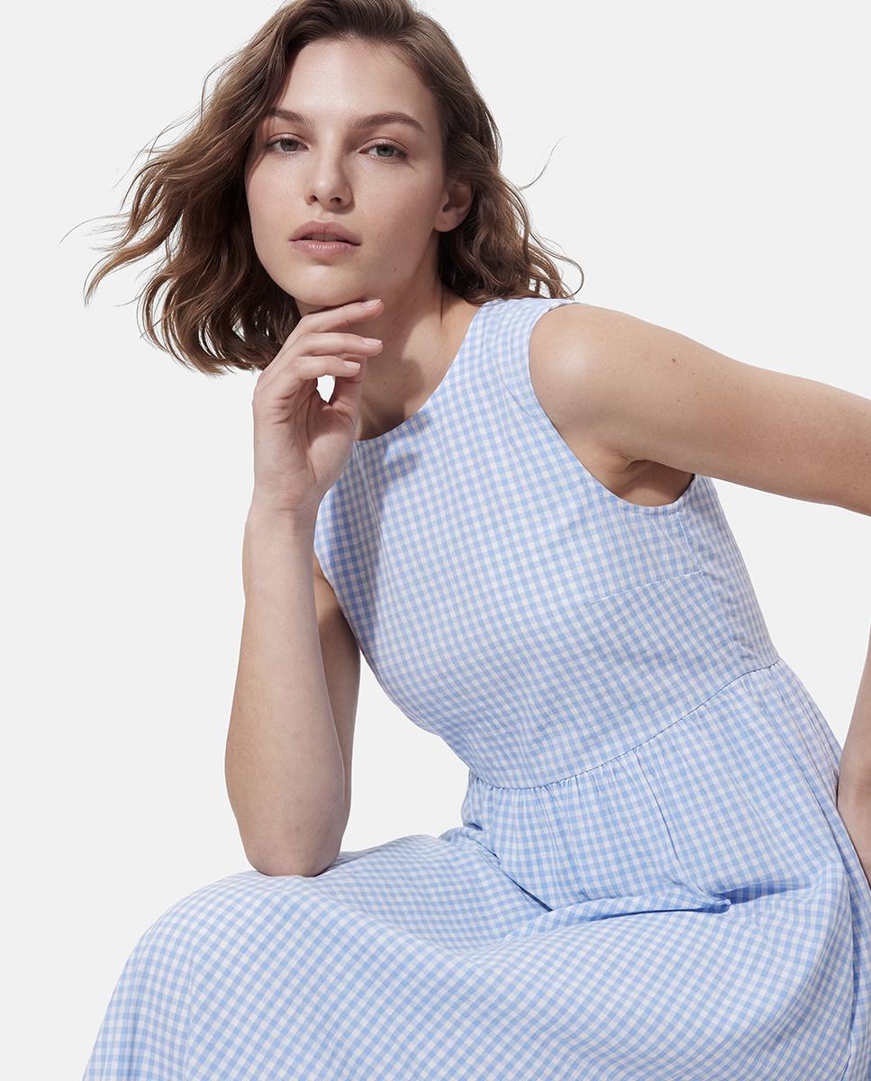 Vestido pelo Tornozelo aos Quadrados Vichy sem Mangas Azul-claro-3