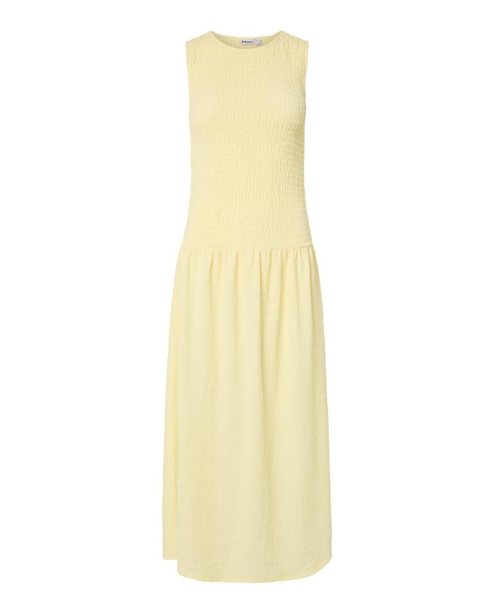 Vestido Smock Comprido sem Mangas e com Decote Redondo Amarelo-5