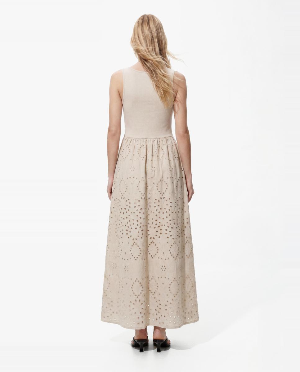 Vestido de Bordado Inglês pelo Tornozelo sem Mangas e com Decote Redondo Bege-2